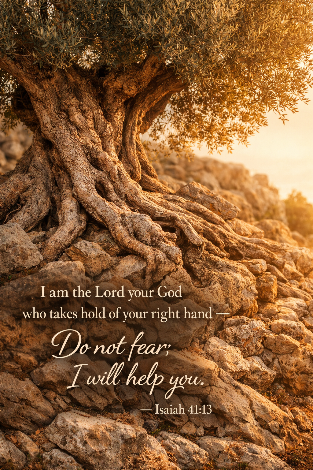 Isaiah 41:13 -- Ancient Olive Roots Rocky Hillside Vertical HD Wallpaper